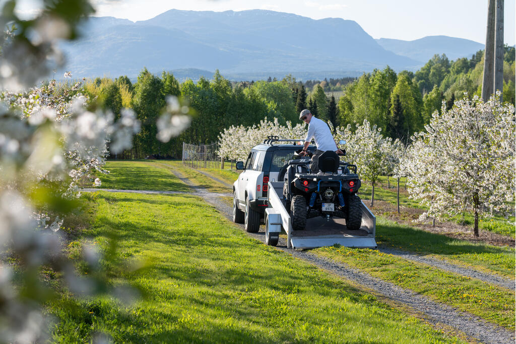 ATV på Tysse tilhenger i frukthage